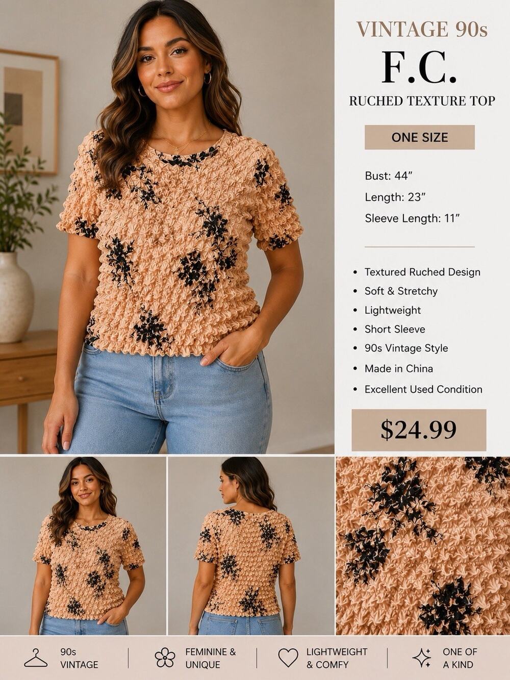 F.C. Vintage 90s Popcorn Crinkle Top Beige/pink Color One Size Fits Most EUC